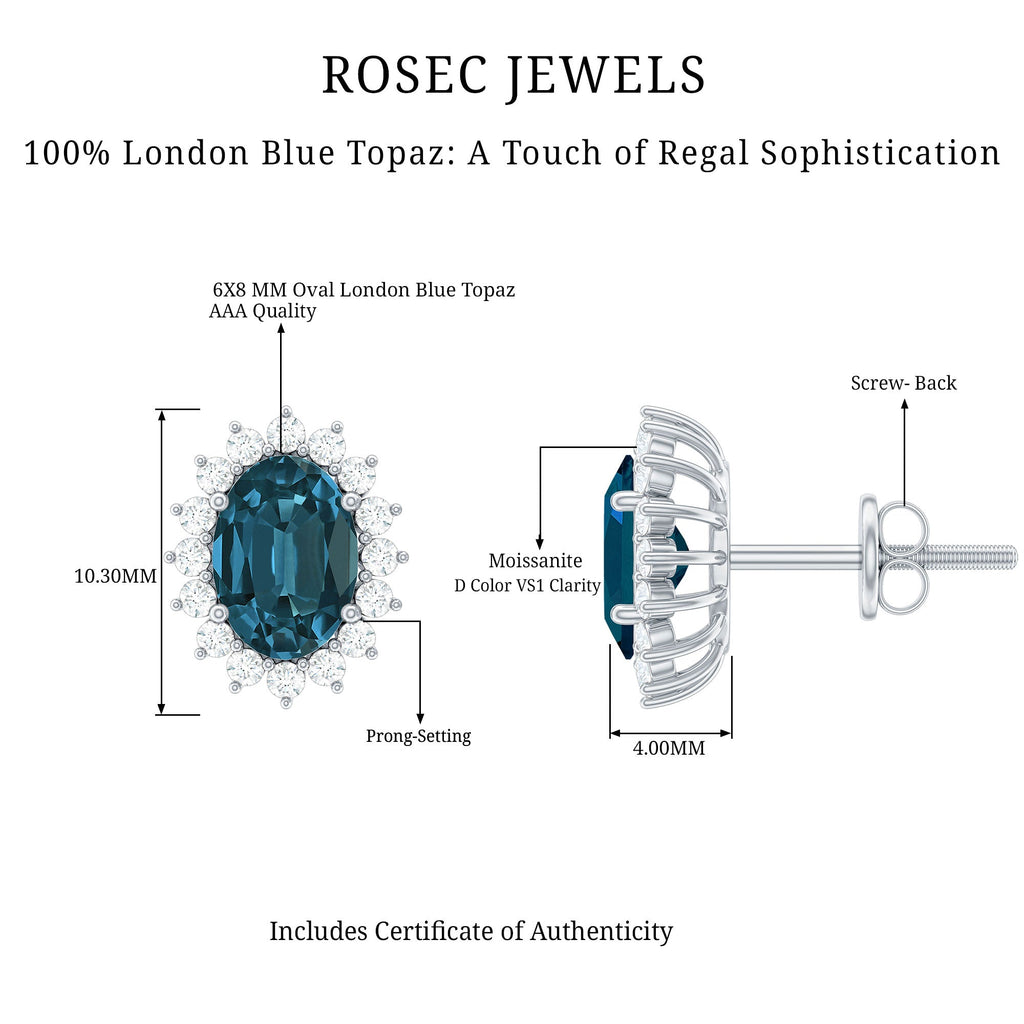 Oval Shaped 2.2 Carat London Blue Topaz Stud Earrings with Moissanite Halo