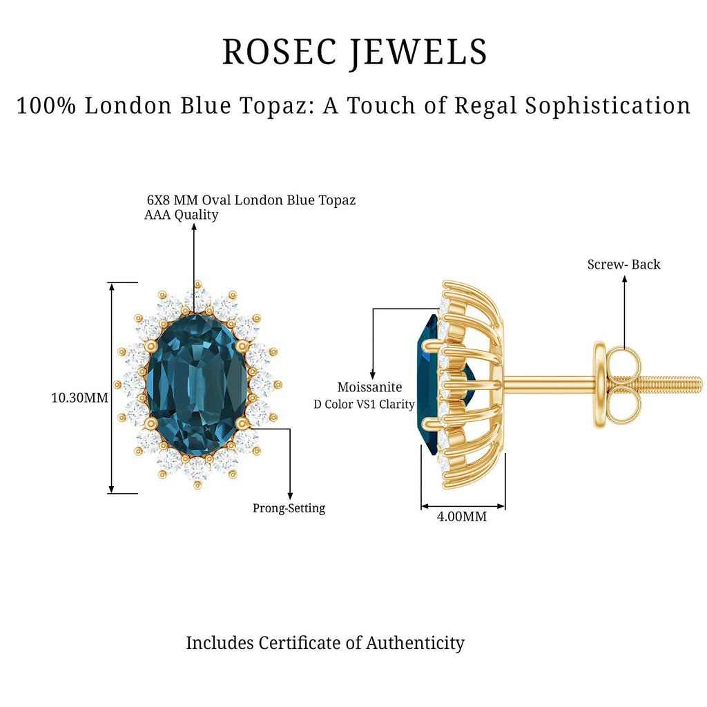 6X8MM Oval London Blue Topaz Stud Earrings with Moissanite Halo