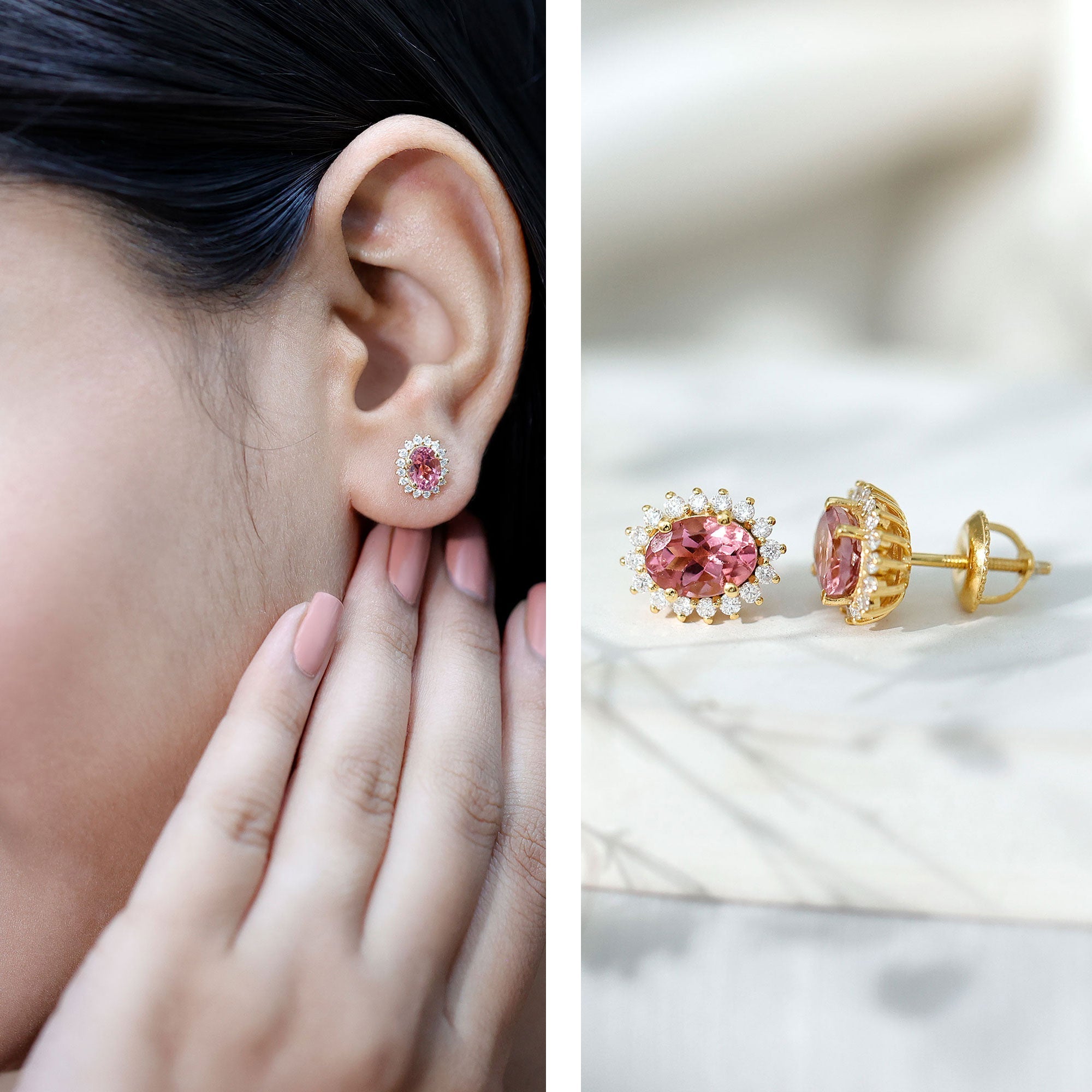 1.3 Carat Oval Pink Tourmaline Stud Earrings with Diamond Halo
