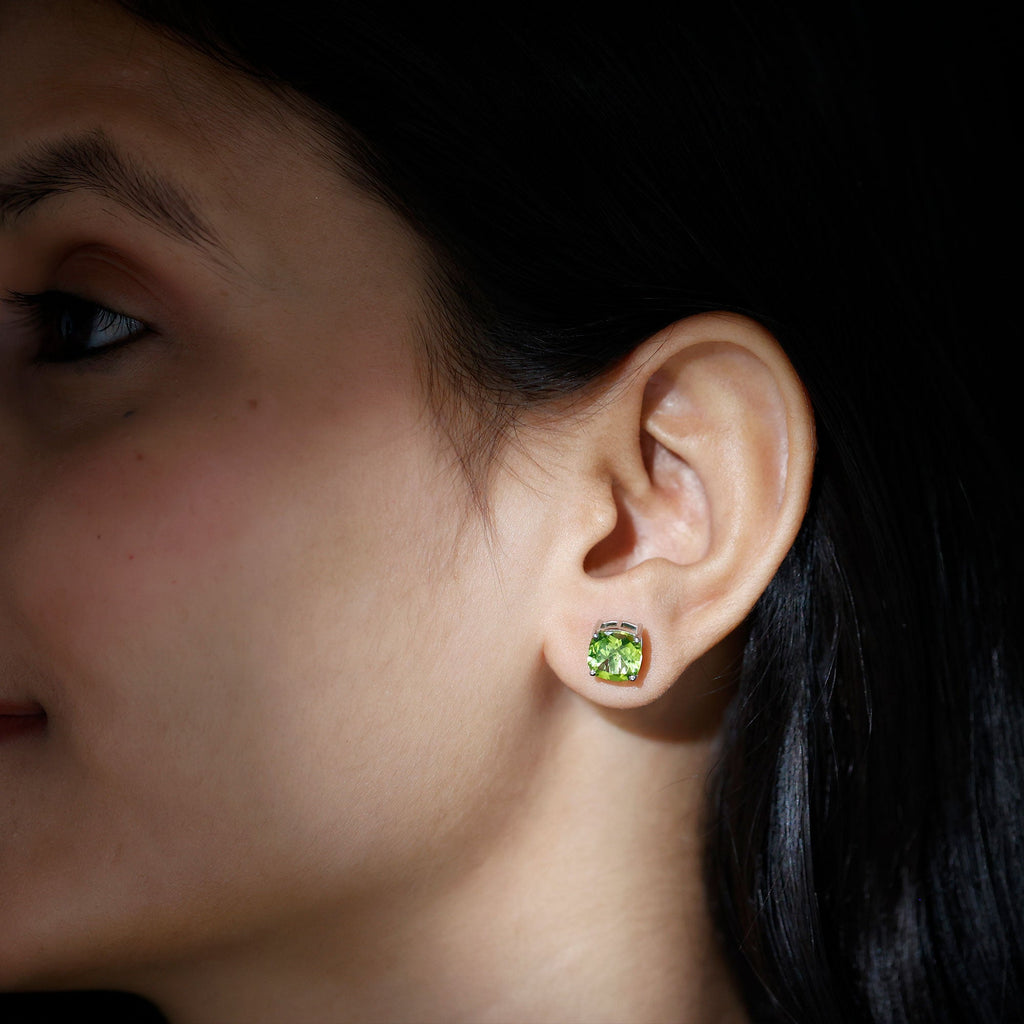 Genuine Cushion Cut Peridot Solitaire Stud Earrings With Certificate
