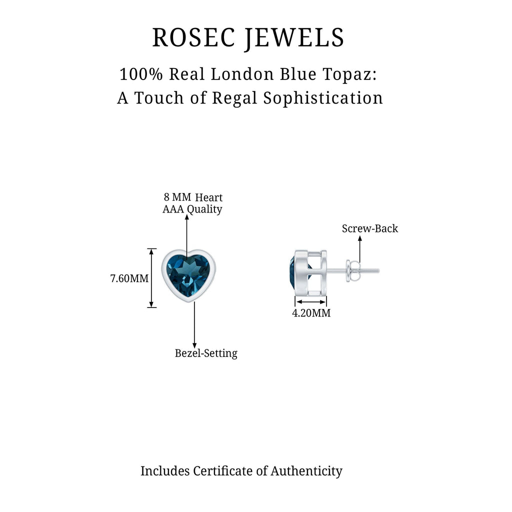 Real 4 Carat London Blue Topaz Heart Stud Earrings for Women
