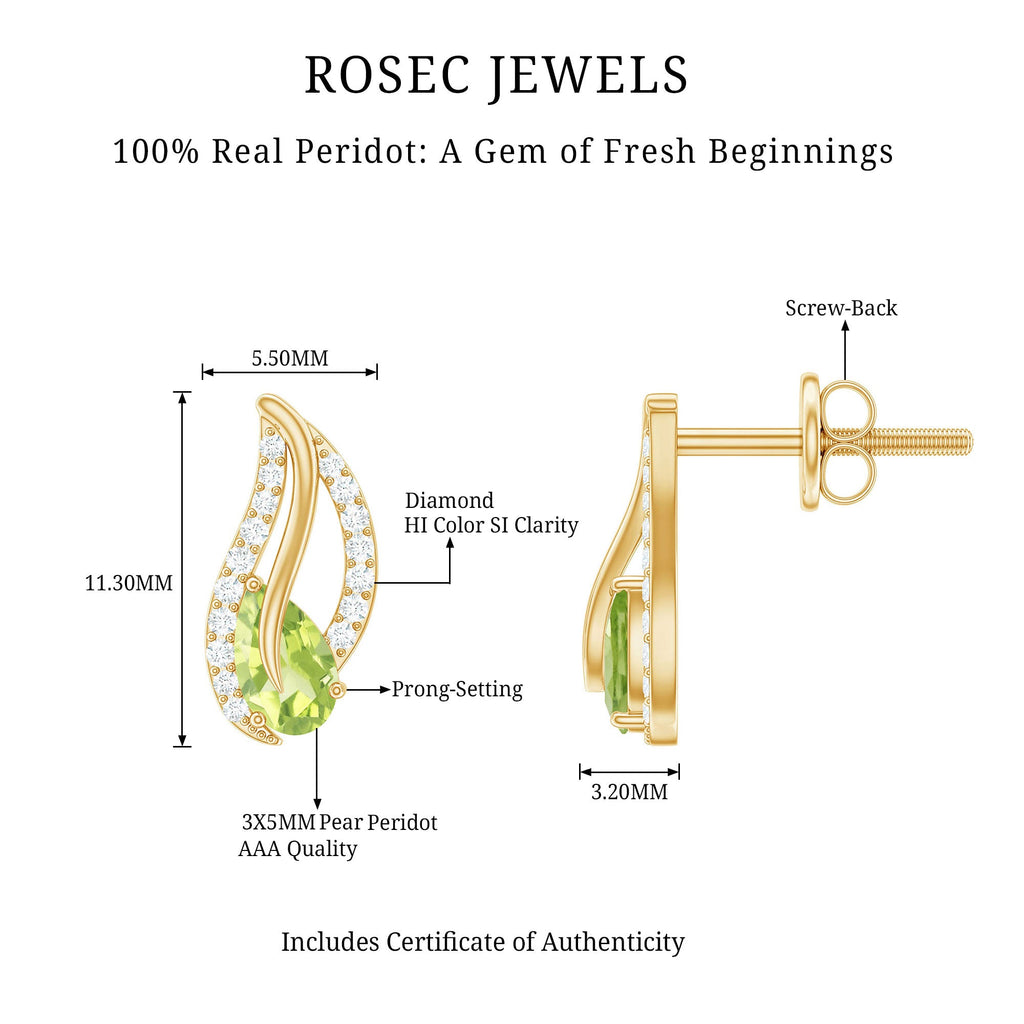 Natural Peridot Leaf Earrings with Diamond for Women