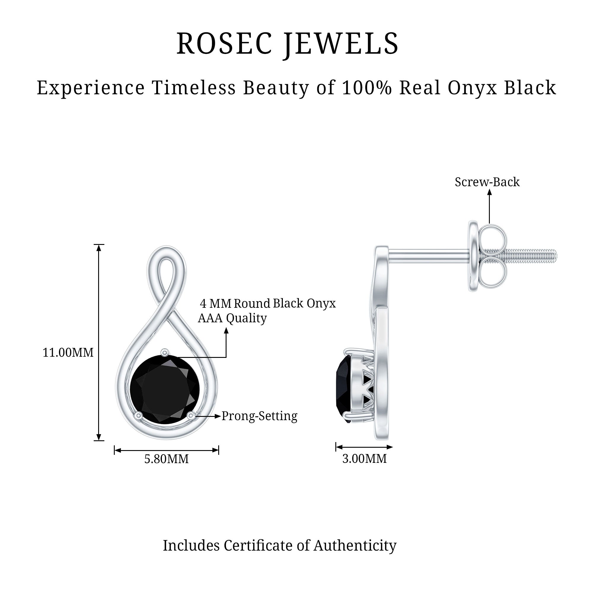 Certified Natural Black Onyx Infinity Earrings with Screw Back
