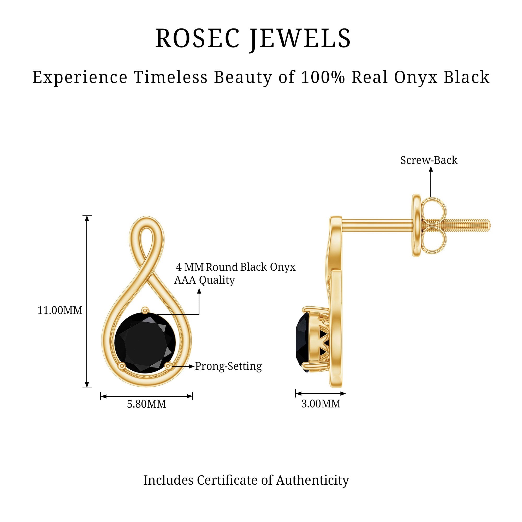 Certified Natural Black Onyx Infinity Earrings with Screw Back
