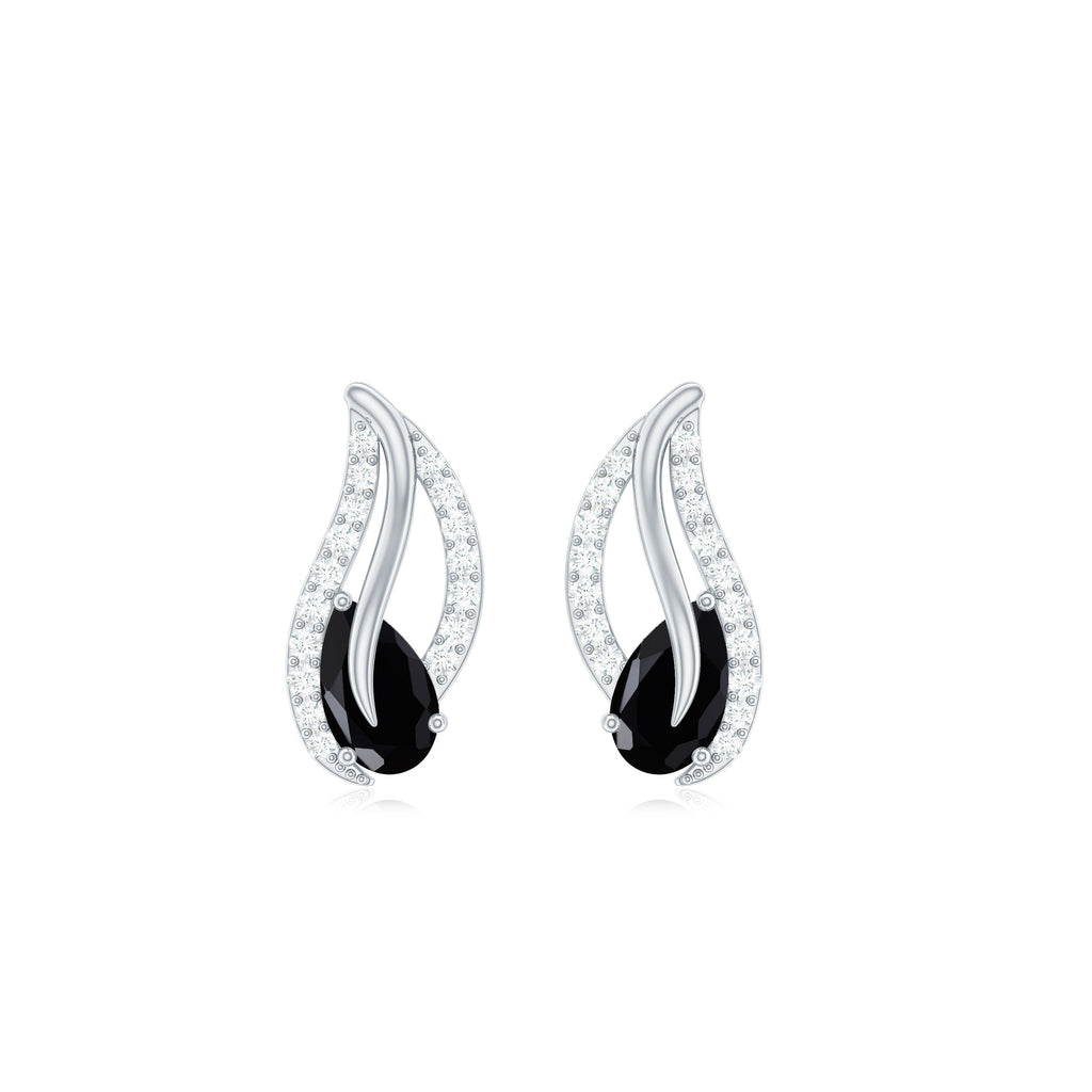Genuine Pear Shape Black Onyx leaf Stud Earrings With Certificate