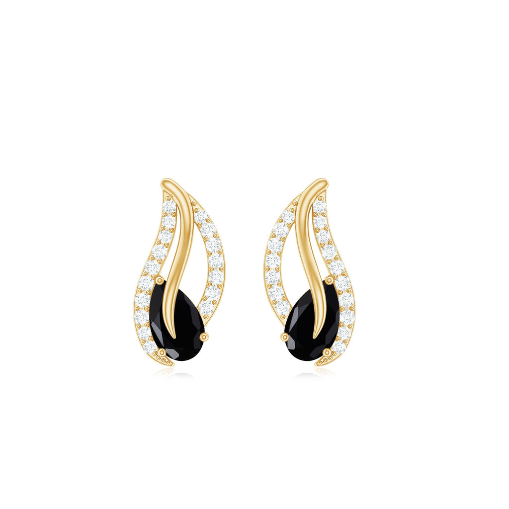 Genuine Pear Shape Black Onyx leaf Stud Earrings With Certificate