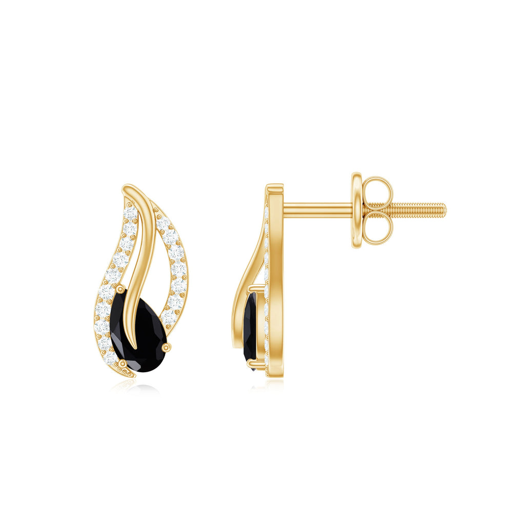 Genuine Pear Shape Black Onyx leaf Stud Earrings With Certificate