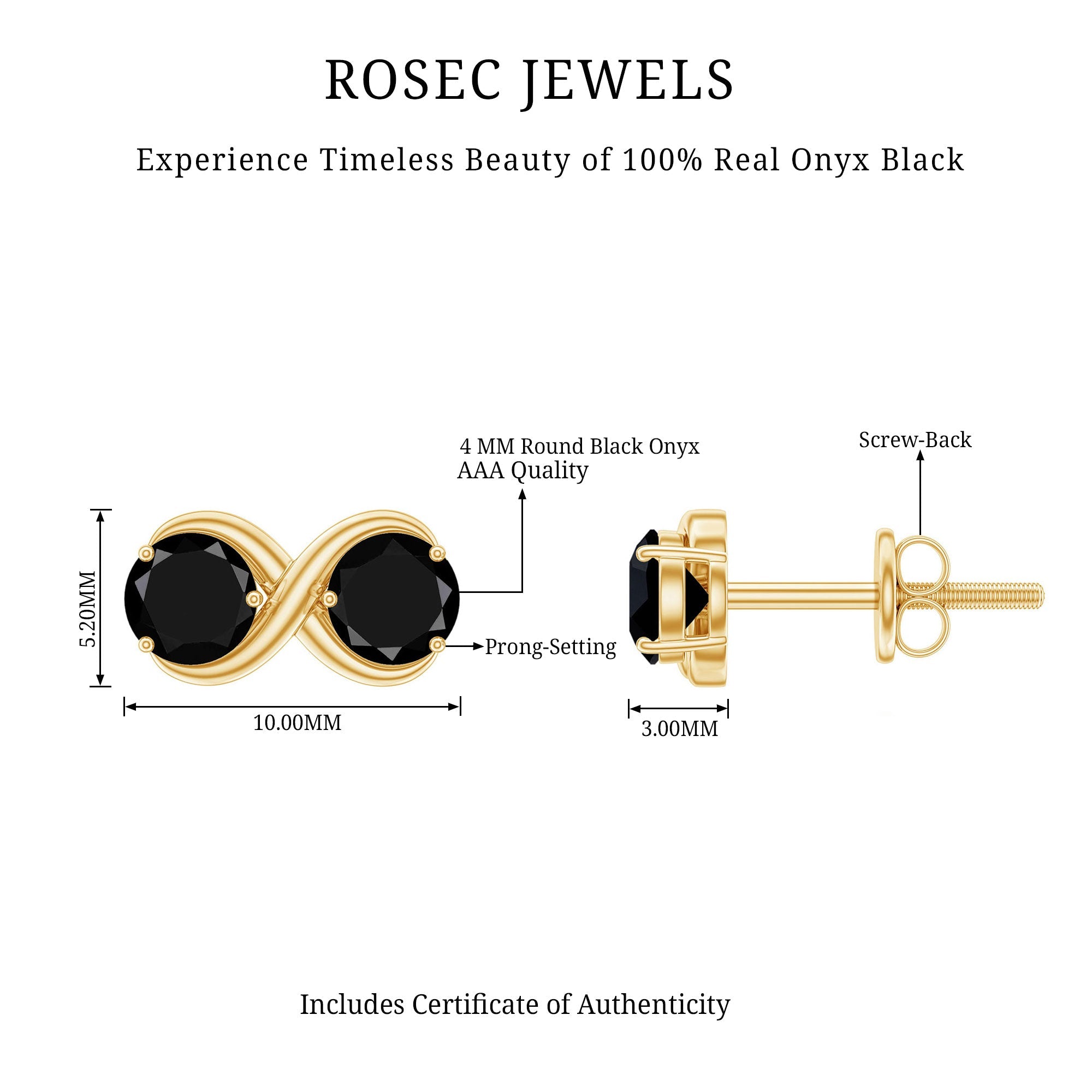 Natural Black Onyx Infinity Earrings with Screw Back