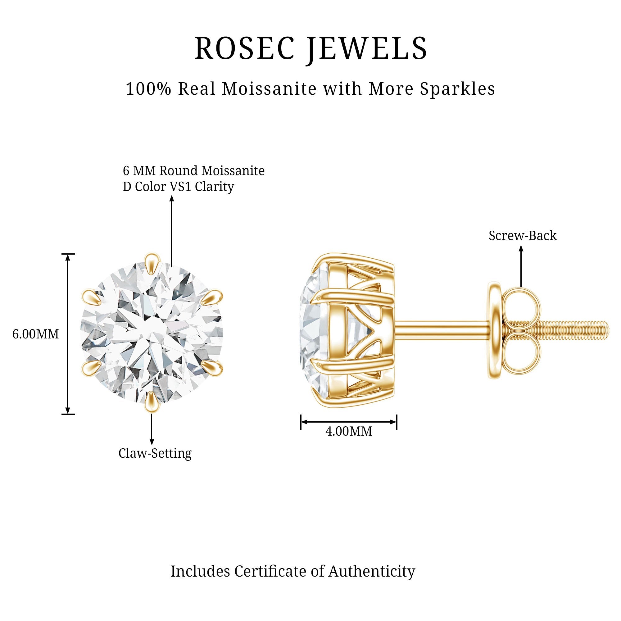 Claw Set Moissanite Solitaire Stud Earrings with Screw Backs