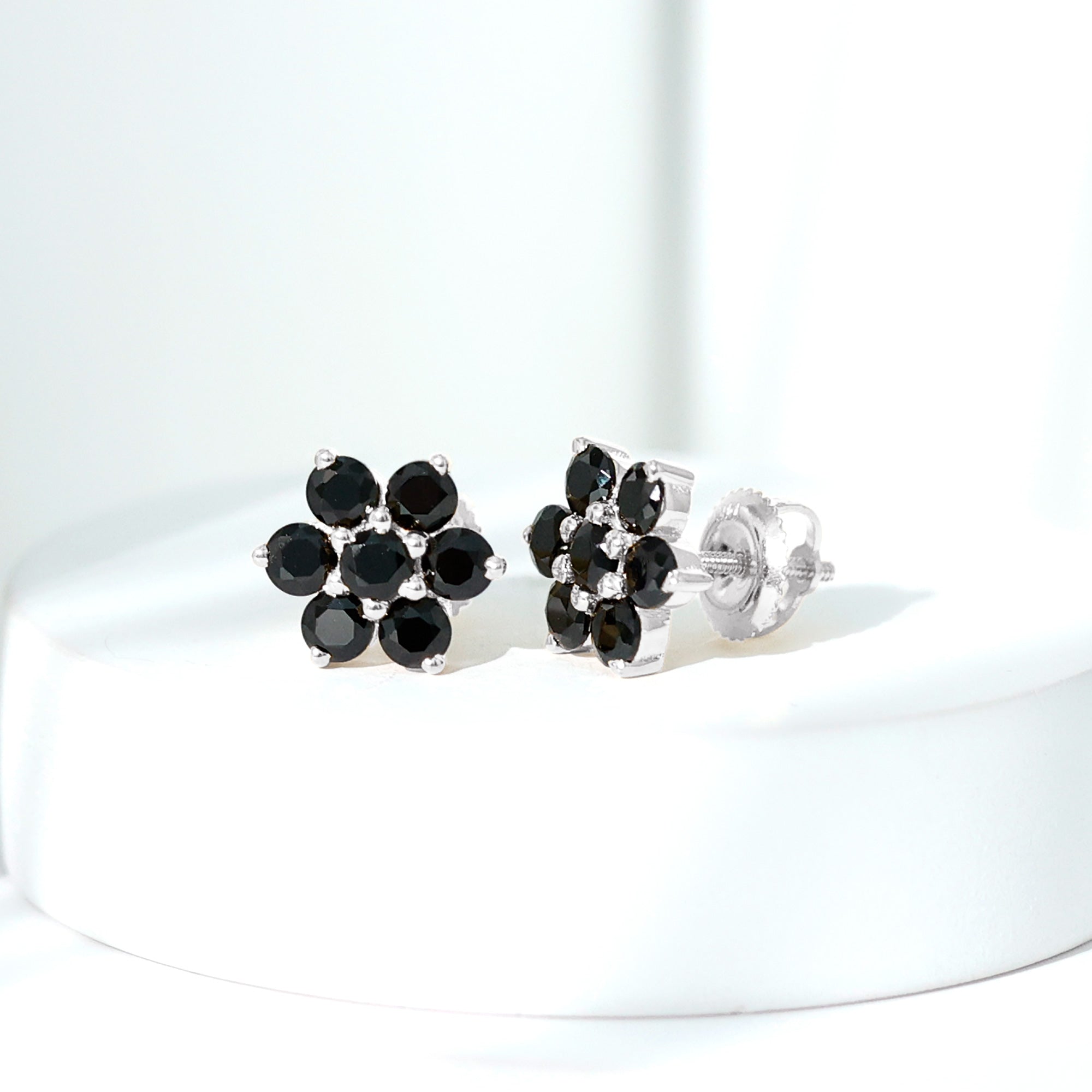 Genuine Black Onyx Flower Cluster Stud Earrings