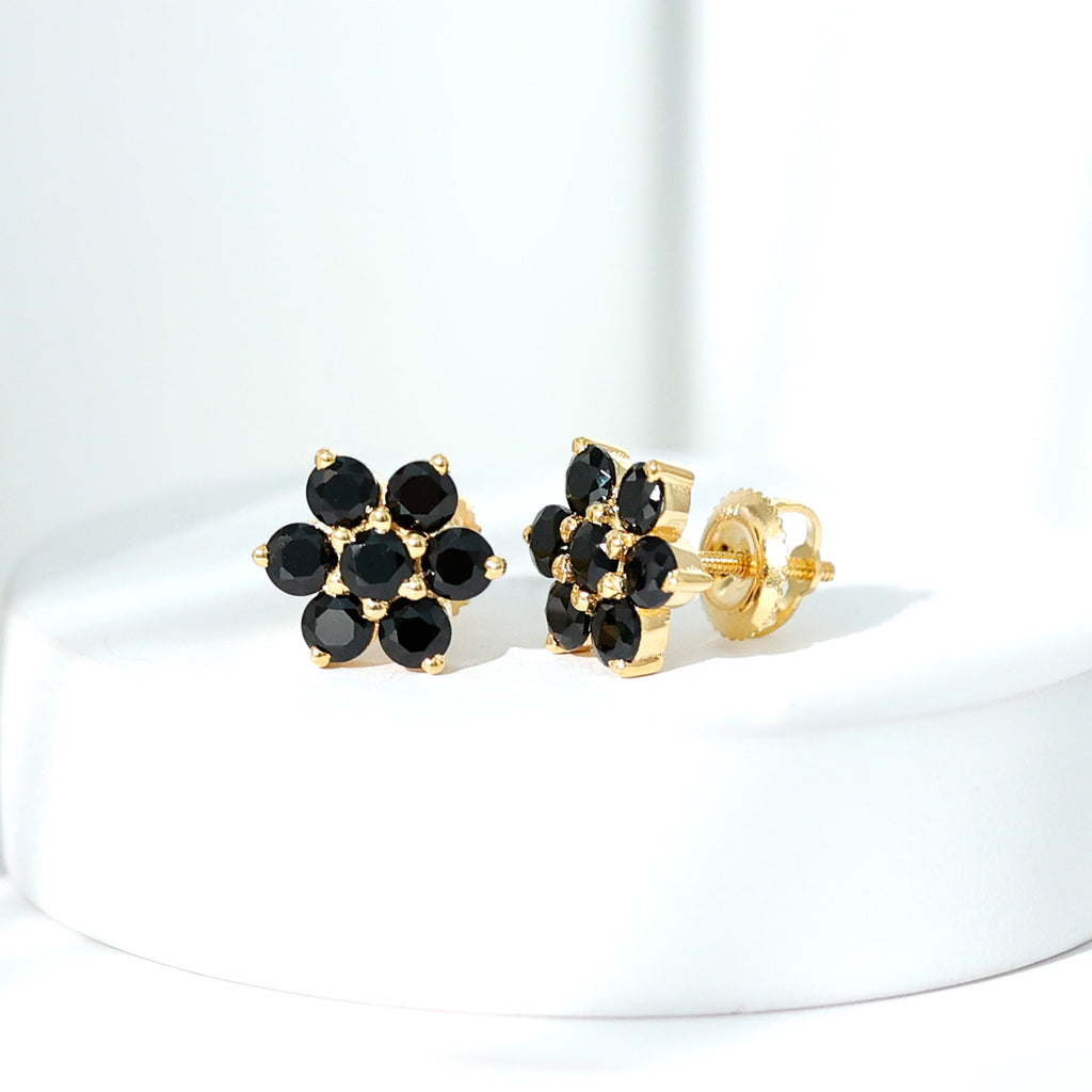 Genuine Black Onyx Flower Cluster Stud Earrings
