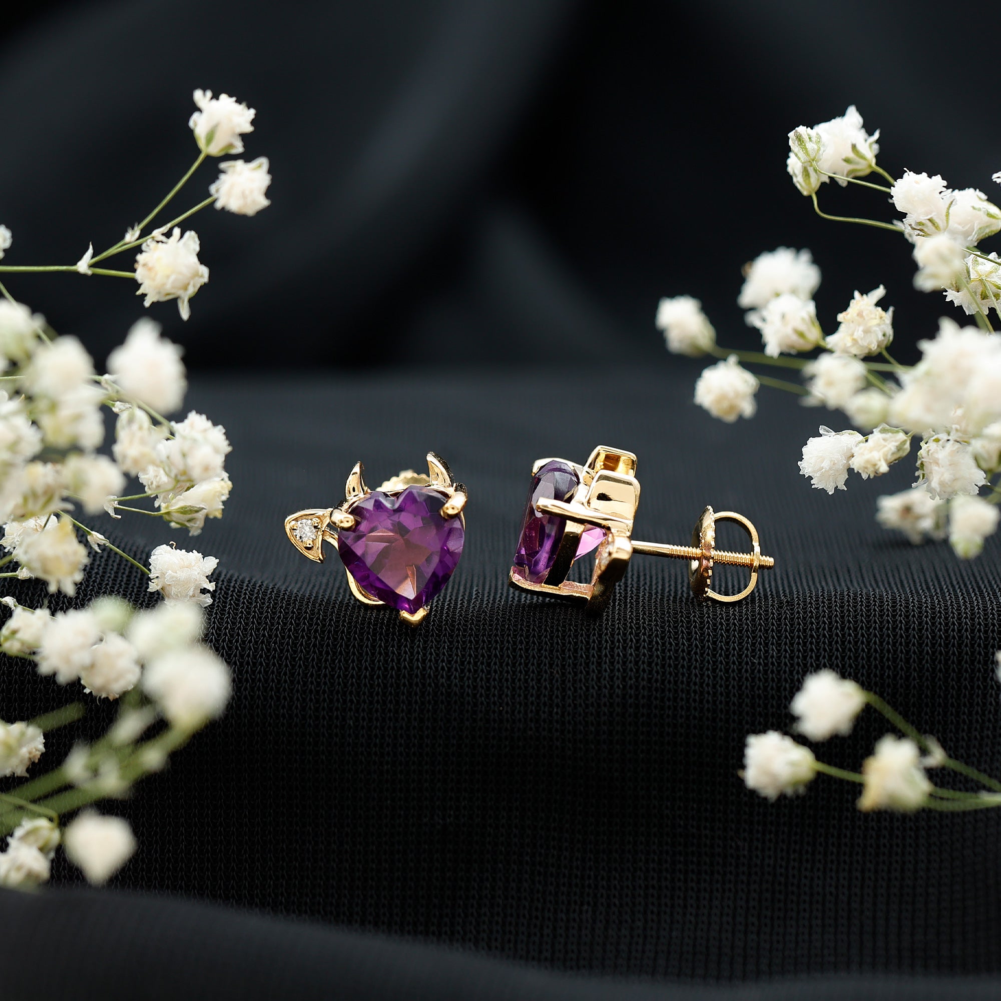 Heart Shape Amethyst and Diamond Gothic Stud Earrings