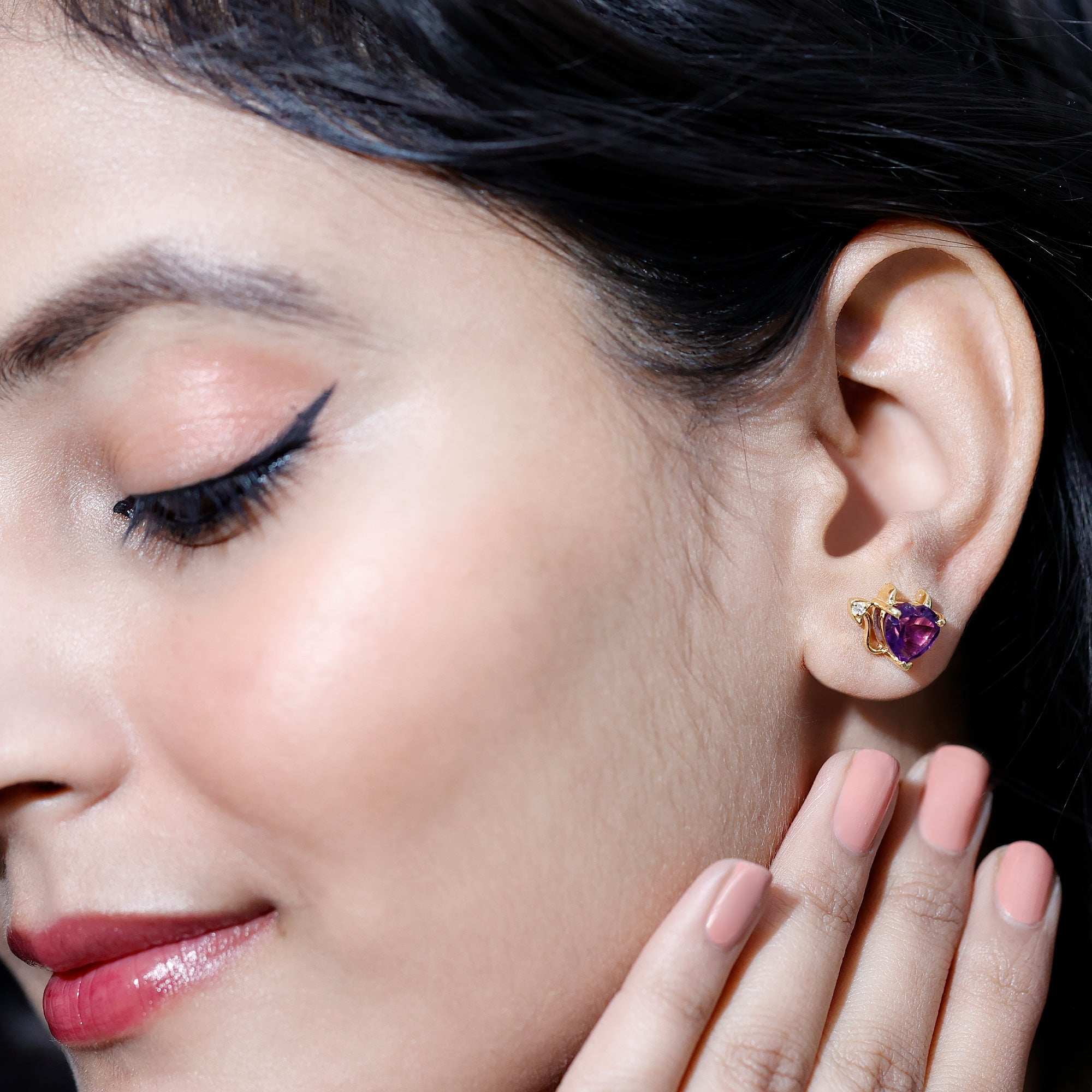 Heart Shape Amethyst and Diamond Gothic Stud Earrings