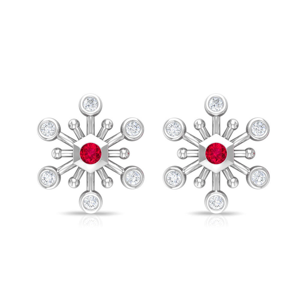 Created Ruby and Diamond Snowflake Contemporary Stud Earrings
