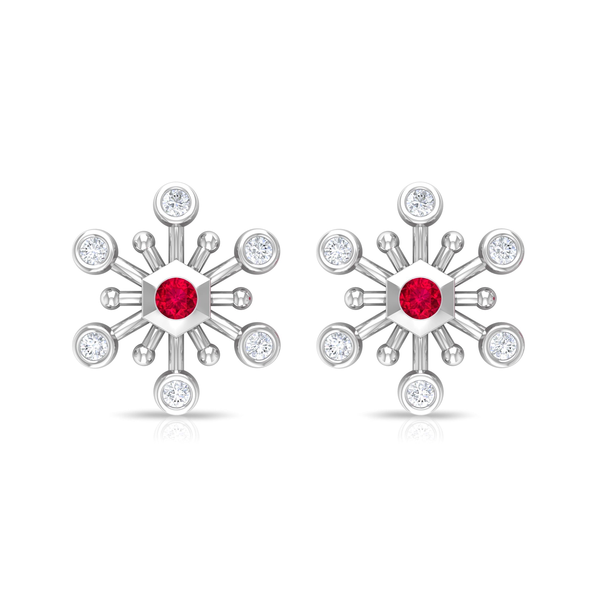 Created Ruby and Diamond Snowflake Contemporary Stud Earrings