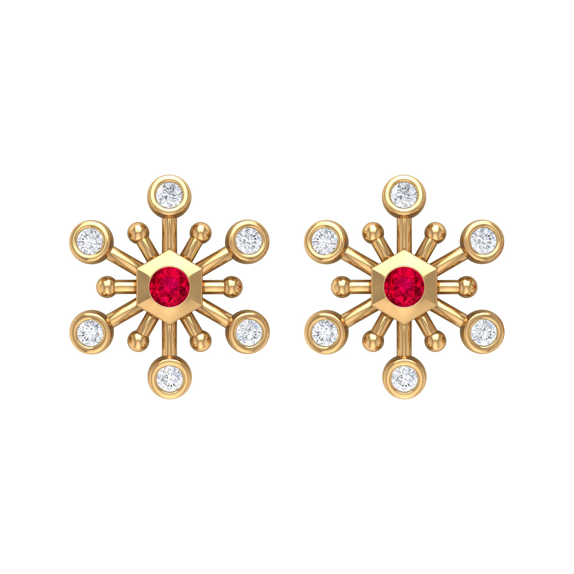 Created Ruby and Diamond Snowflake Contemporary Stud Earrings