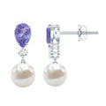 Genuine Freshwater Pearl Drop Earrings with Tanzanite