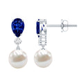 Natural Freshwater Pearl Drop Dangle Earrings with Blue Sapphire