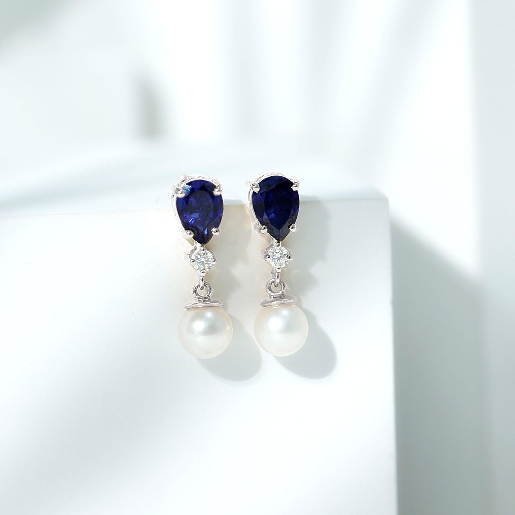 Natural Freshwater Pearl Drop Dangle Earrings with Blue Sapphire