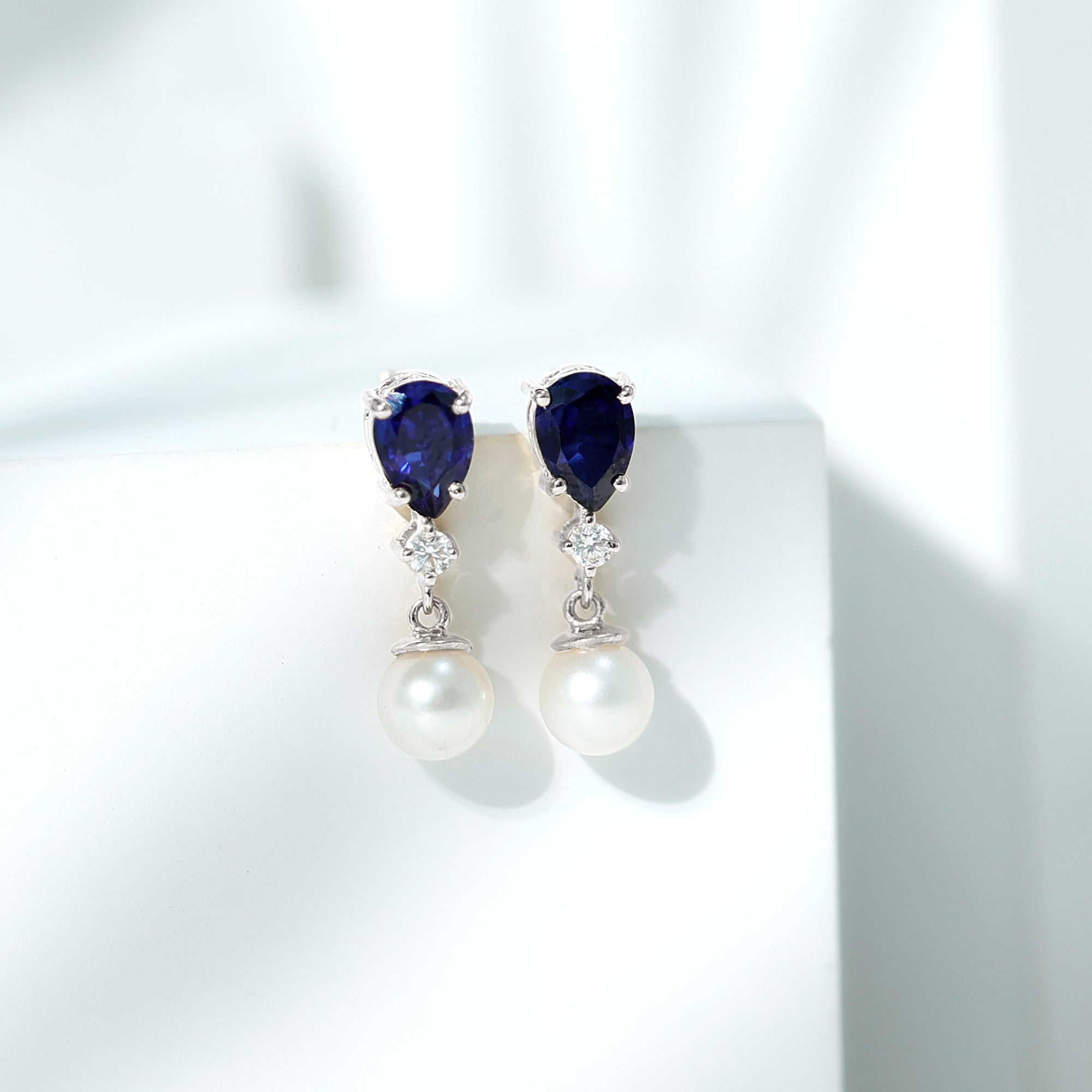 Natural Freshwater Pearl Drop Dangle Earrings with Blue Sapphire