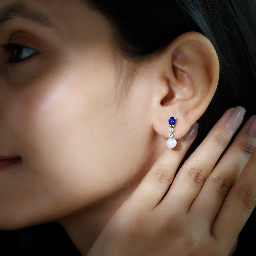 Natural Freshwater Pearl Drop Dangle Earrings with Blue Sapphire