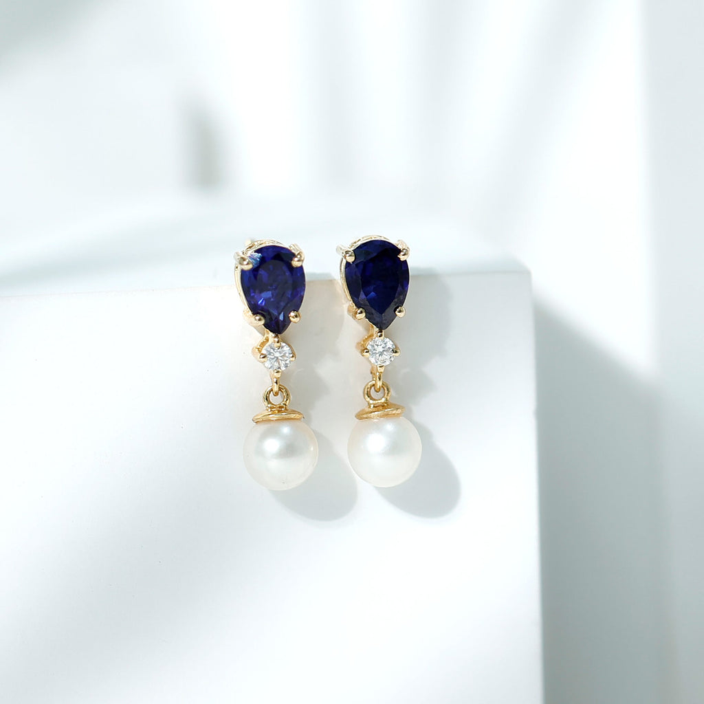 Natural Freshwater Pearl Drop Dangle Earrings with Blue Sapphire
