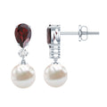 Sterling Silver Cultured Pearl and Garnet Bridal Drop Earrings