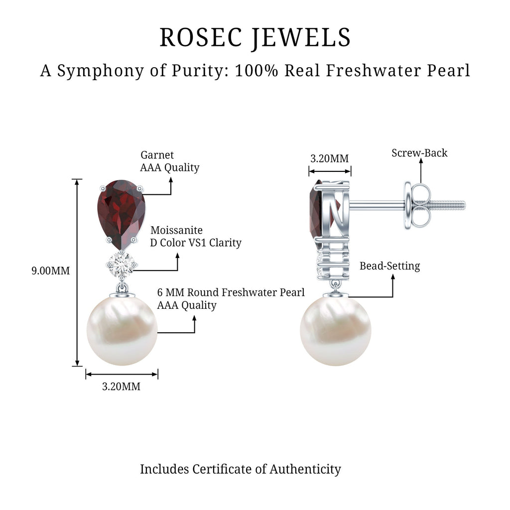 Sterling Silver Cultured Pearl and Garnet Bridal Drop Earrings