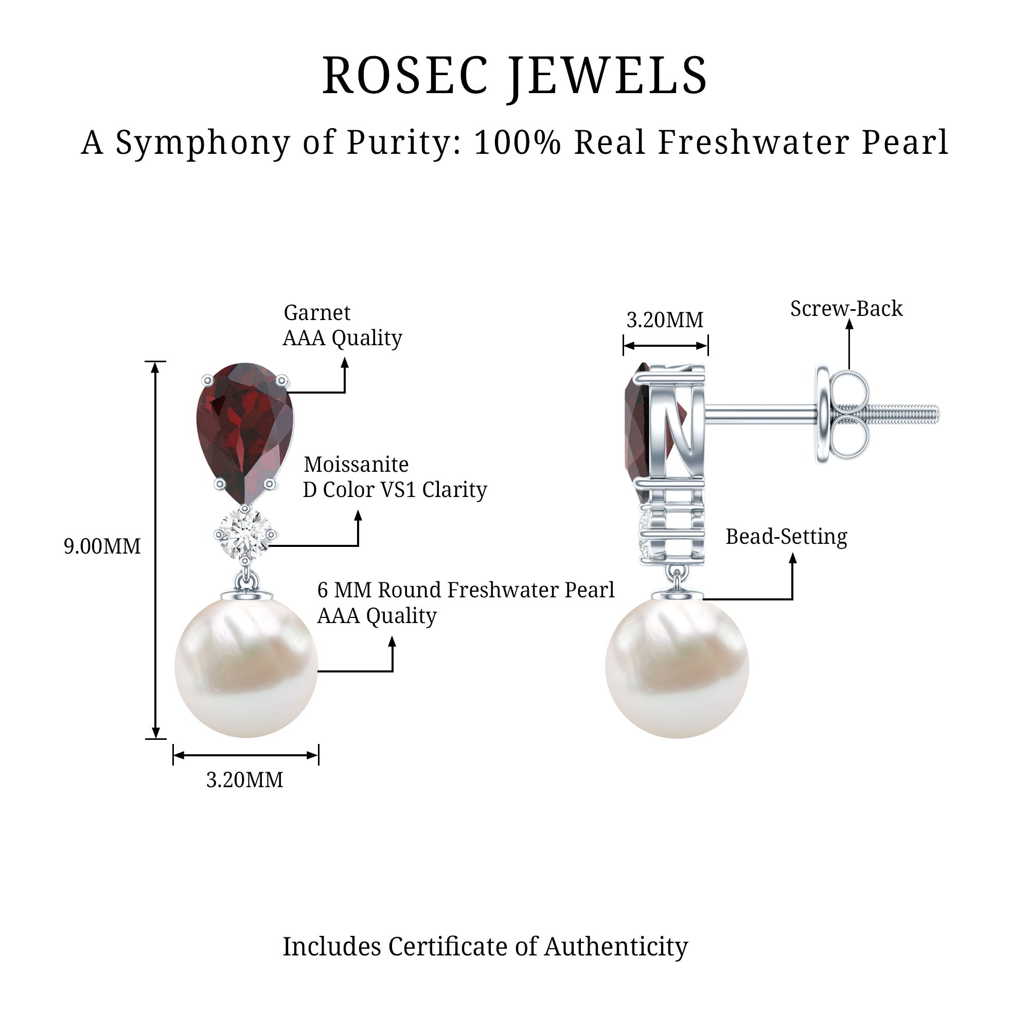 Sterling Silver Cultured Pearl and Garnet Bridal Drop Earrings