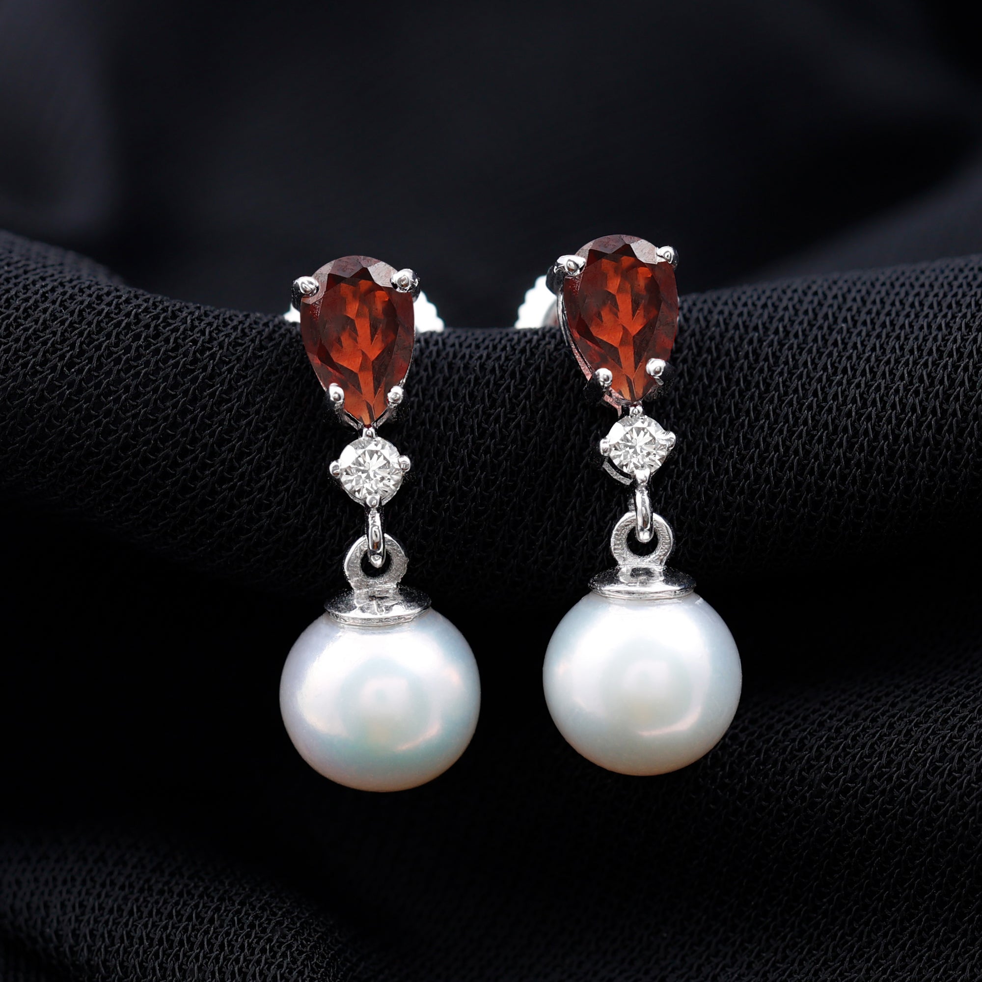 Sterling Silver Cultured Pearl and Garnet Bridal Drop Earrings