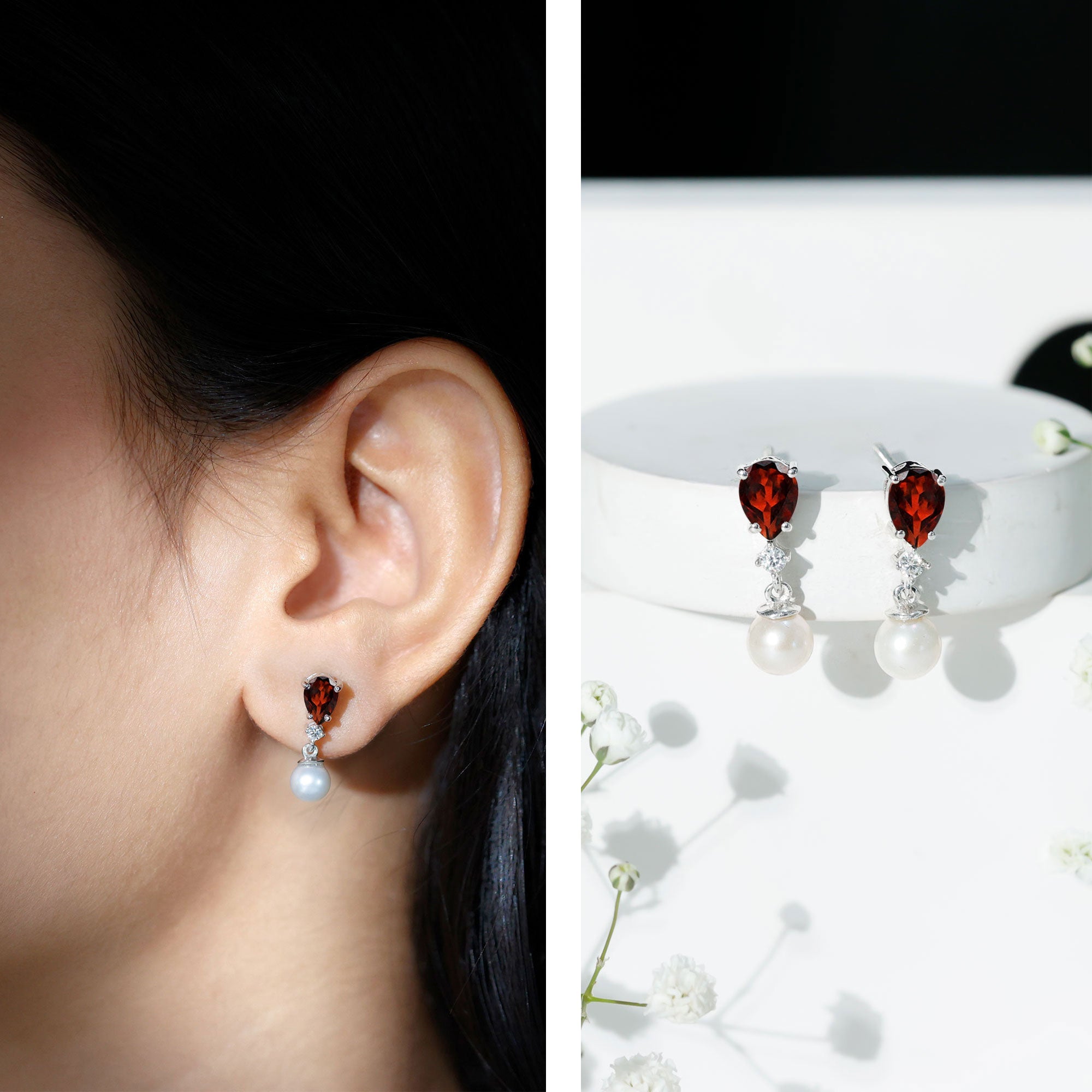 Sterling Silver Cultured Pearl and Garnet Bridal Drop Earrings