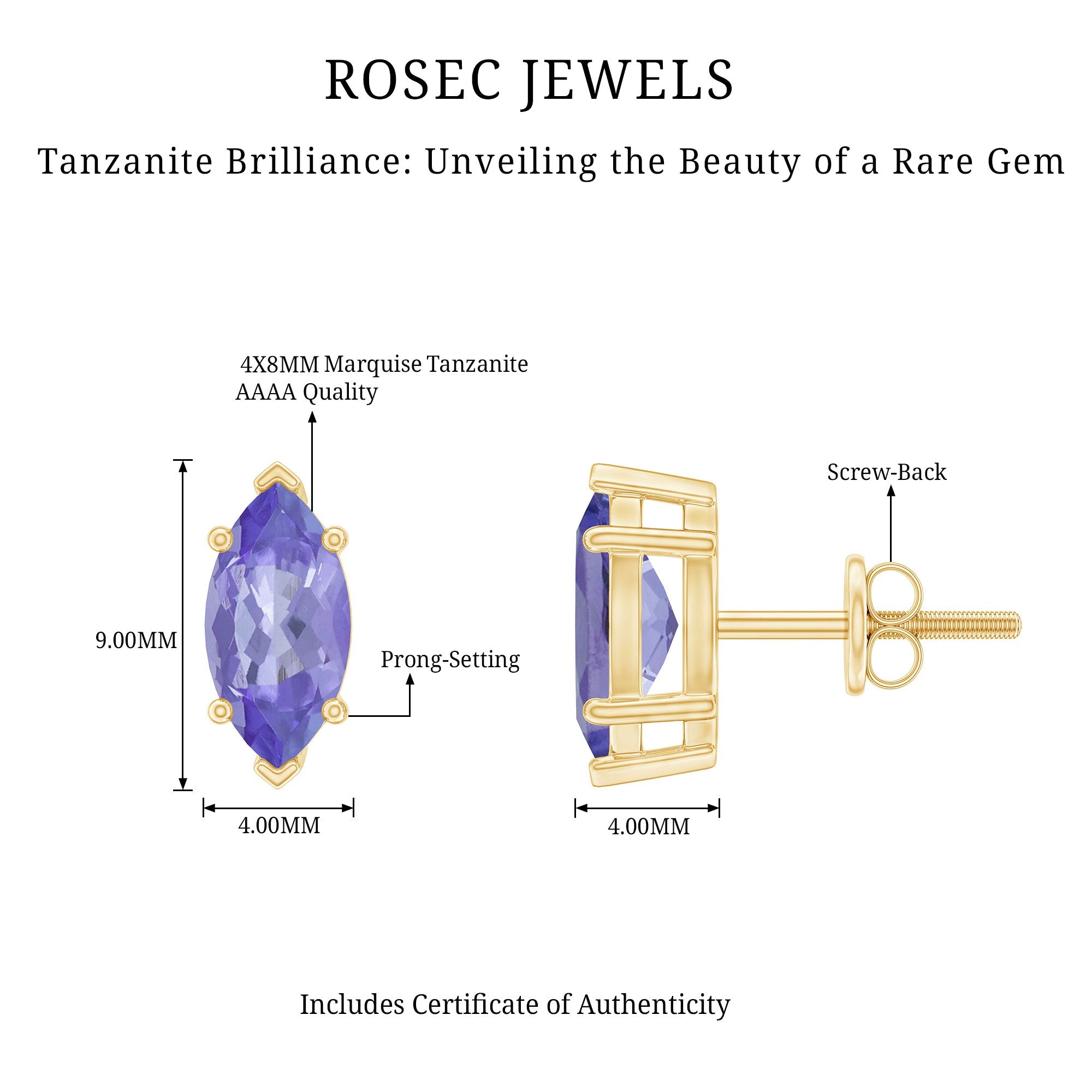 1.3 Carat Marquise Cut Tanzanite Solitaire Stud Earrings