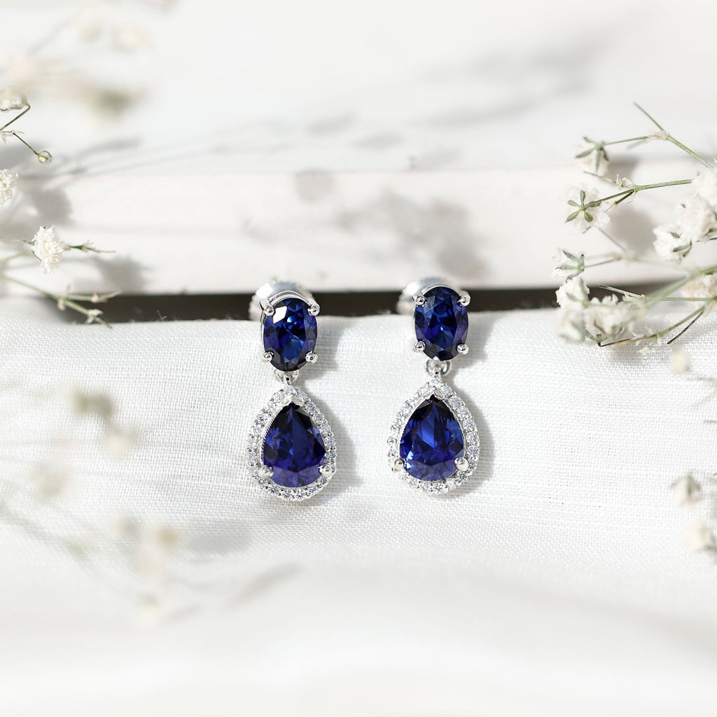 5 Carat Lab Grown Blue Sapphire Teardrop Earrings with Certificate