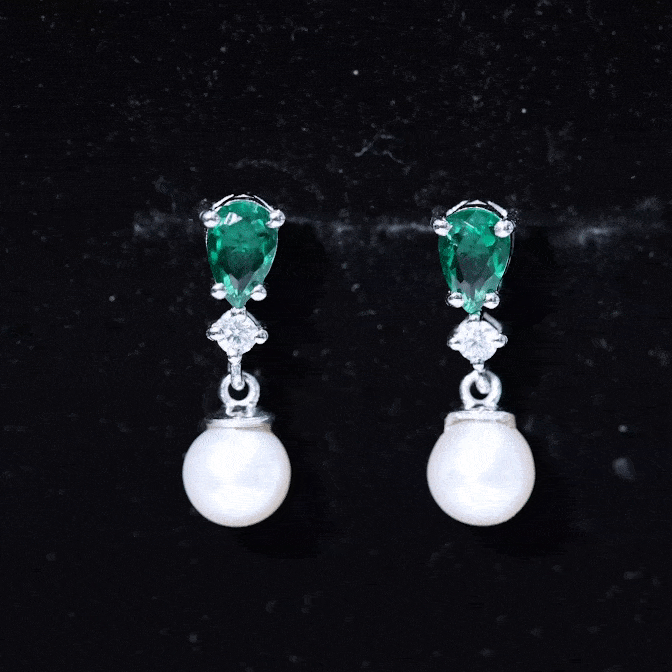 Sterling Silver 4.5 Carat Pearl Drop Earrings with Lab Grown Emerald