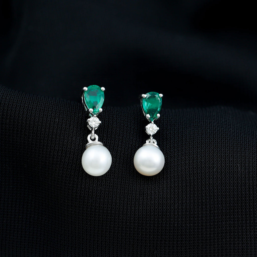 Sterling Silver 4.5 Carat Pearl Drop Earrings with Lab Grown Emerald