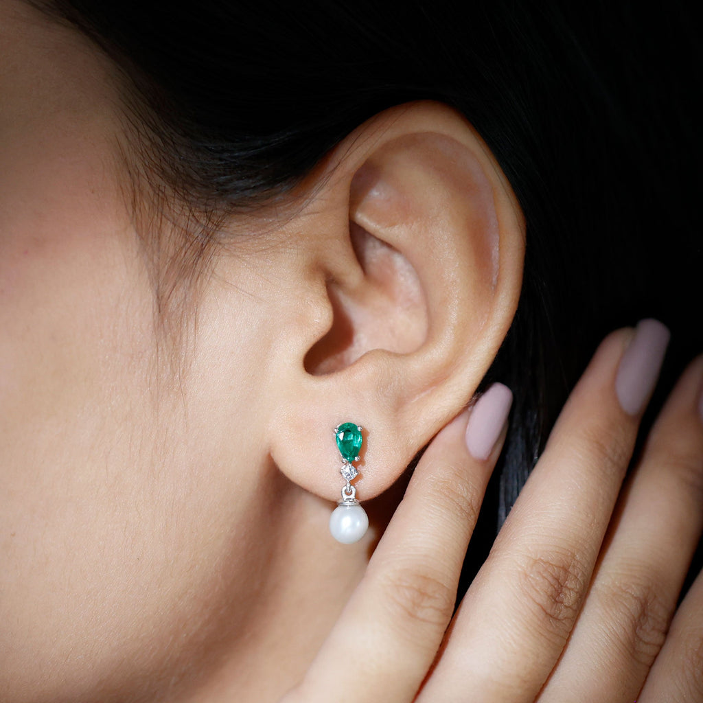 Sterling Silver 4.5 Carat Pearl Drop Earrings with Lab Grown Emerald
