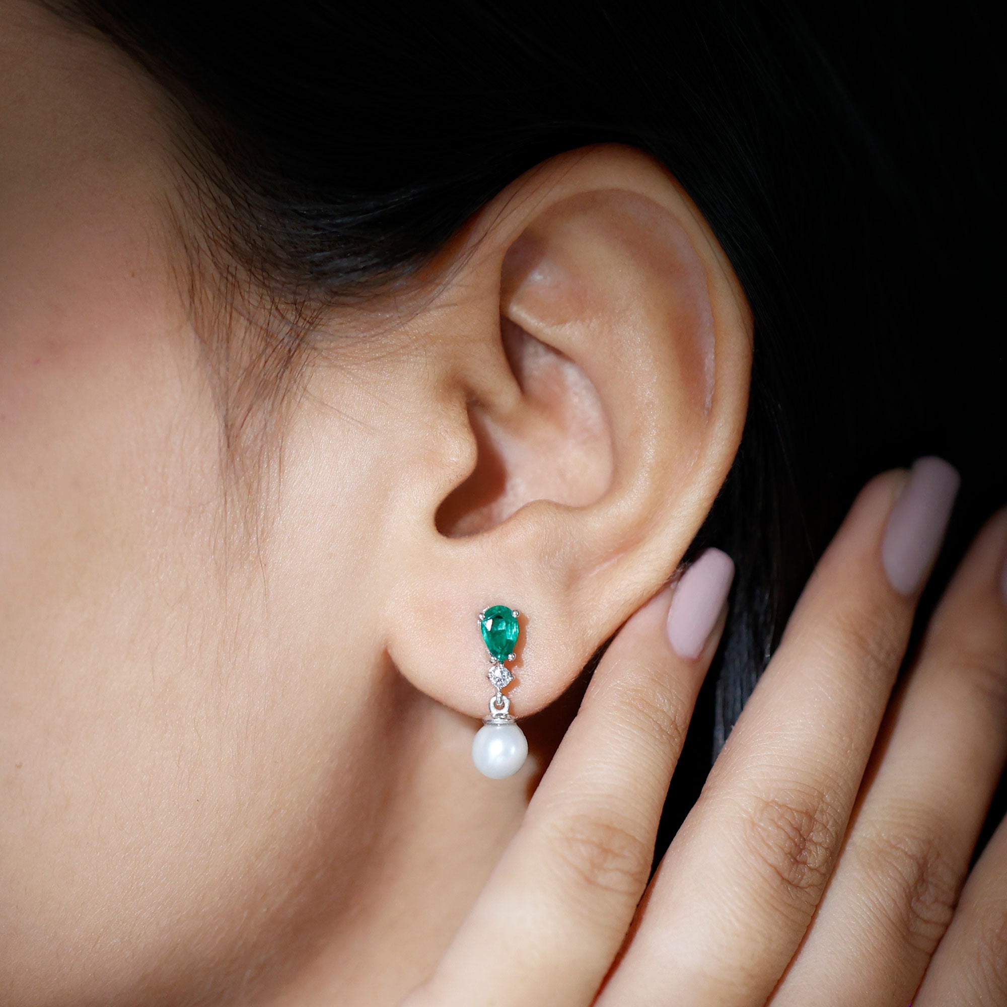 Sterling Silver 4.5 Carat Pearl Drop Earrings with Lab Grown Emerald