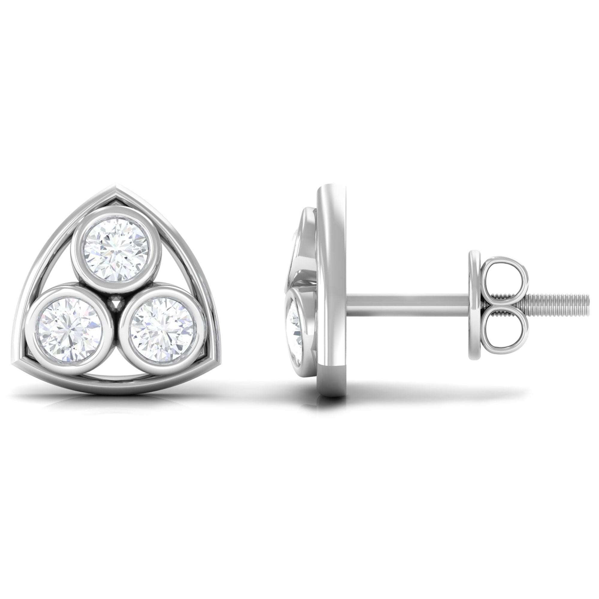 Bezel Set 0.5 Carat Round Diamond Three Stone Stud Earrings
