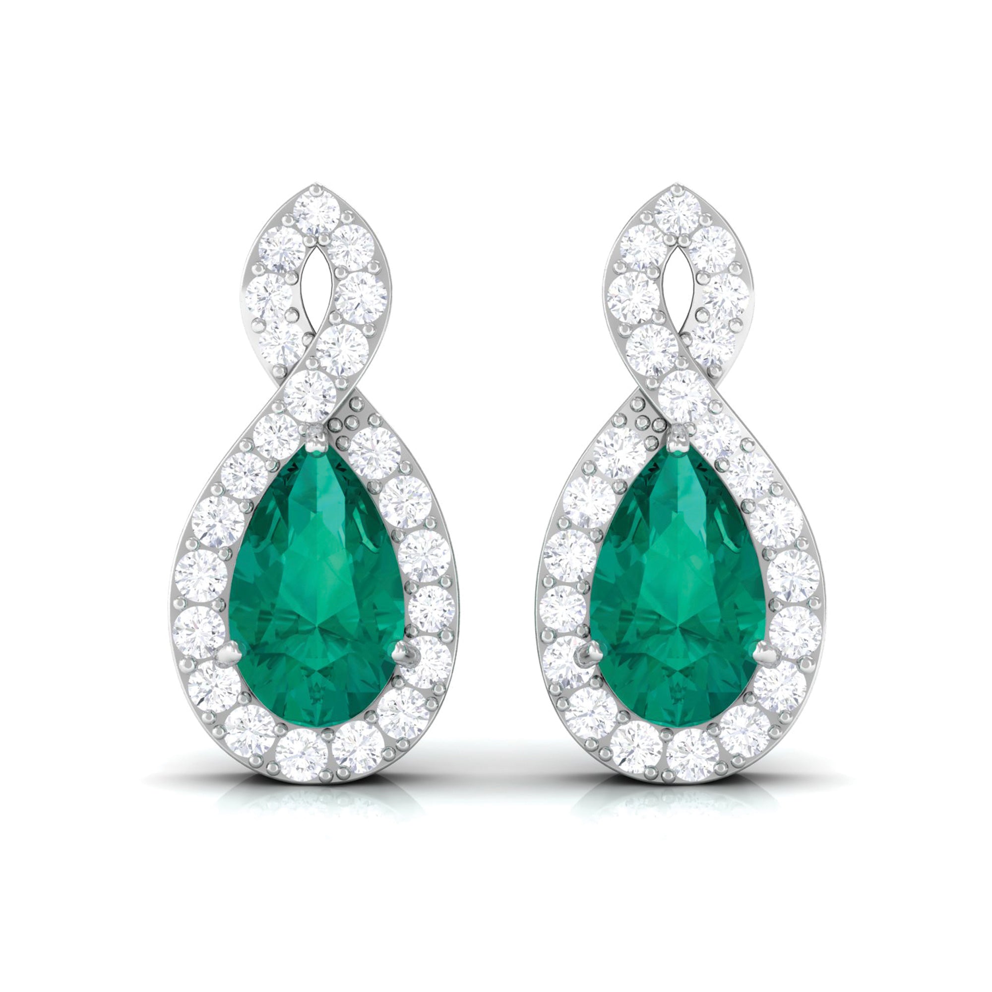 Natural Pear Shaped Emerald Diamond Infinity Stud Earrings