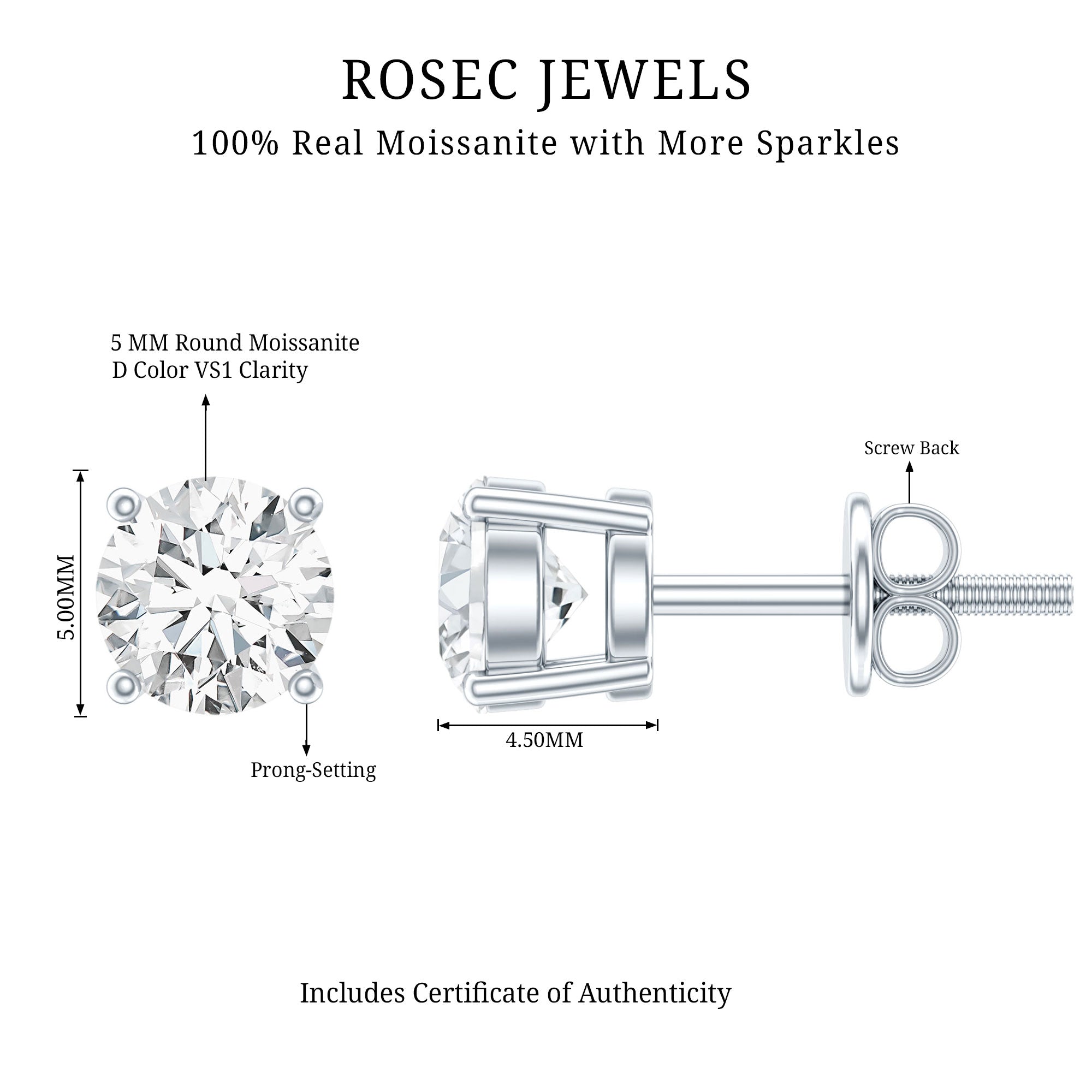 1 Carat Round Moissanite Solitaire Screw Back Stud Earrings