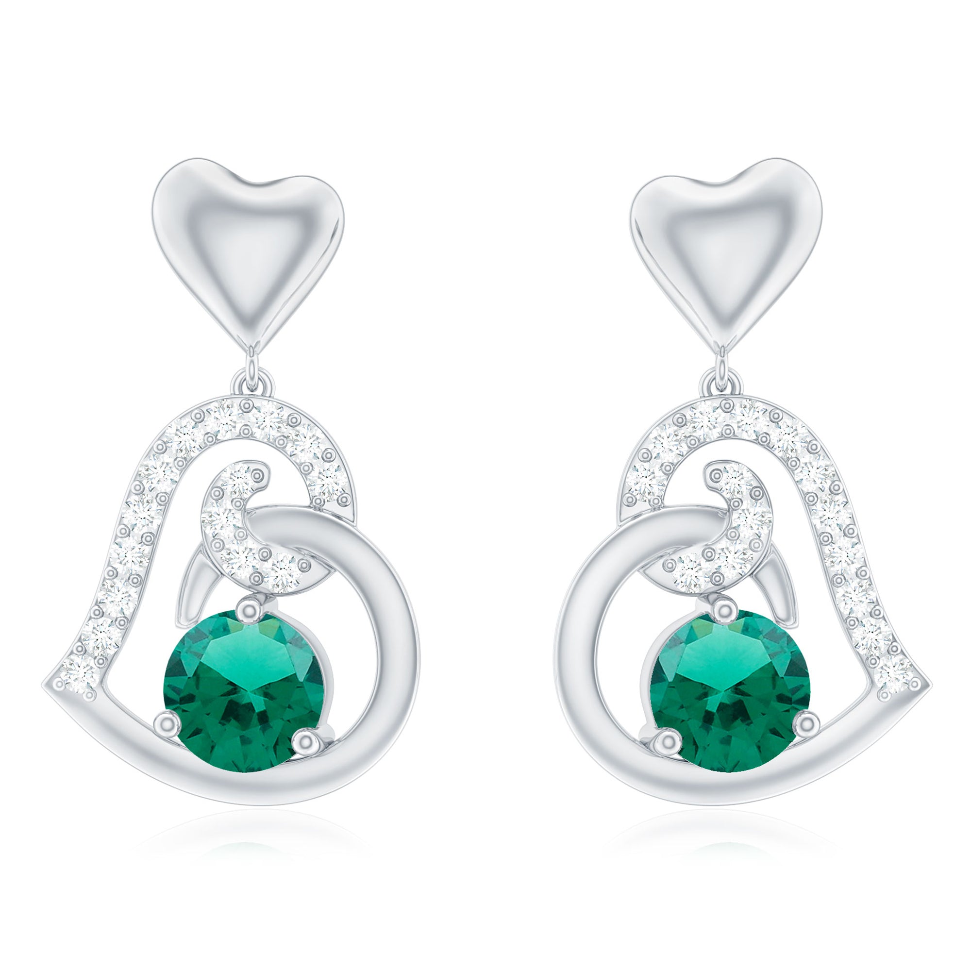Lab Created Emerald Heart Drop Earrings with Diamonds