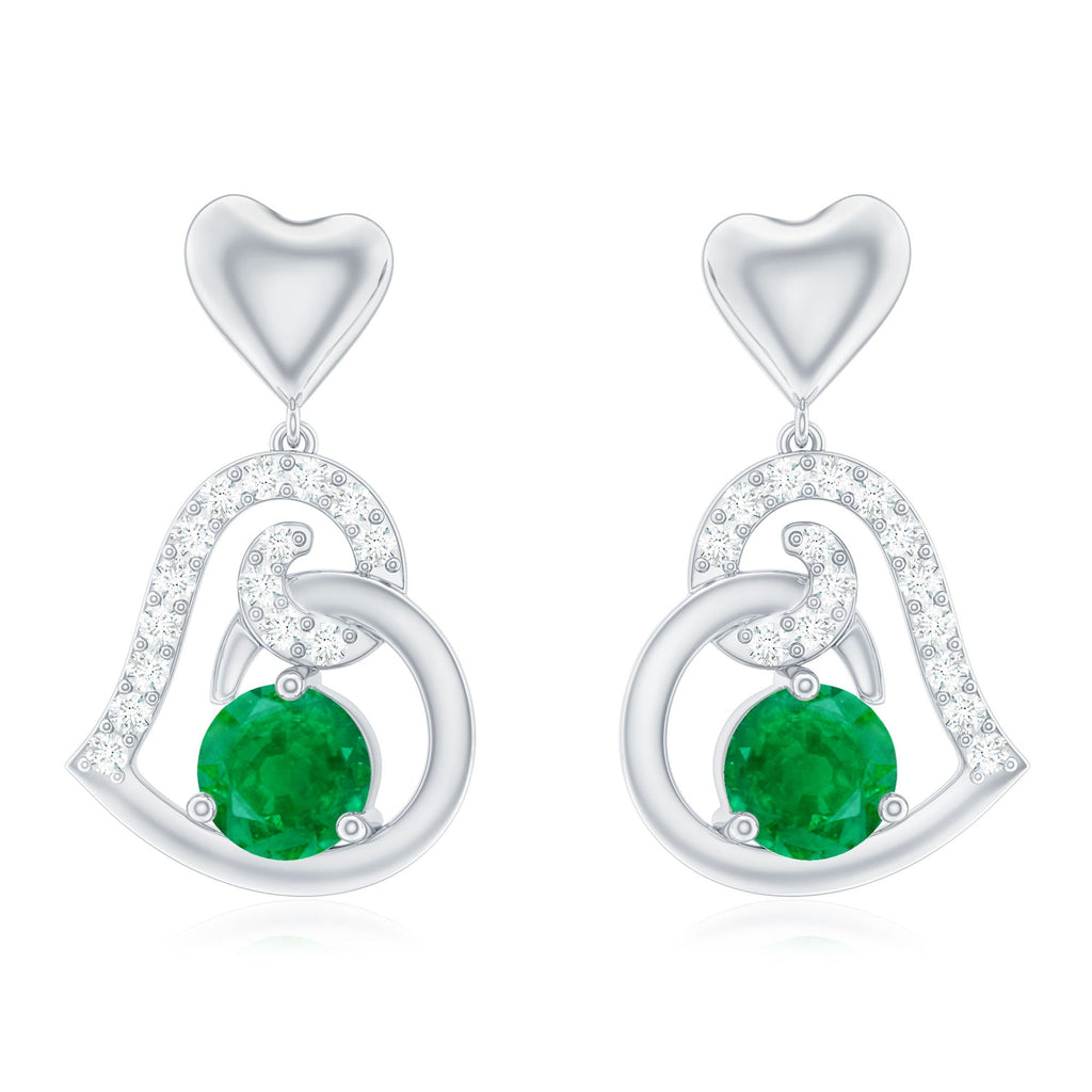 0.9 Carat Round Emerald and Diamond Heart Drop Earrings