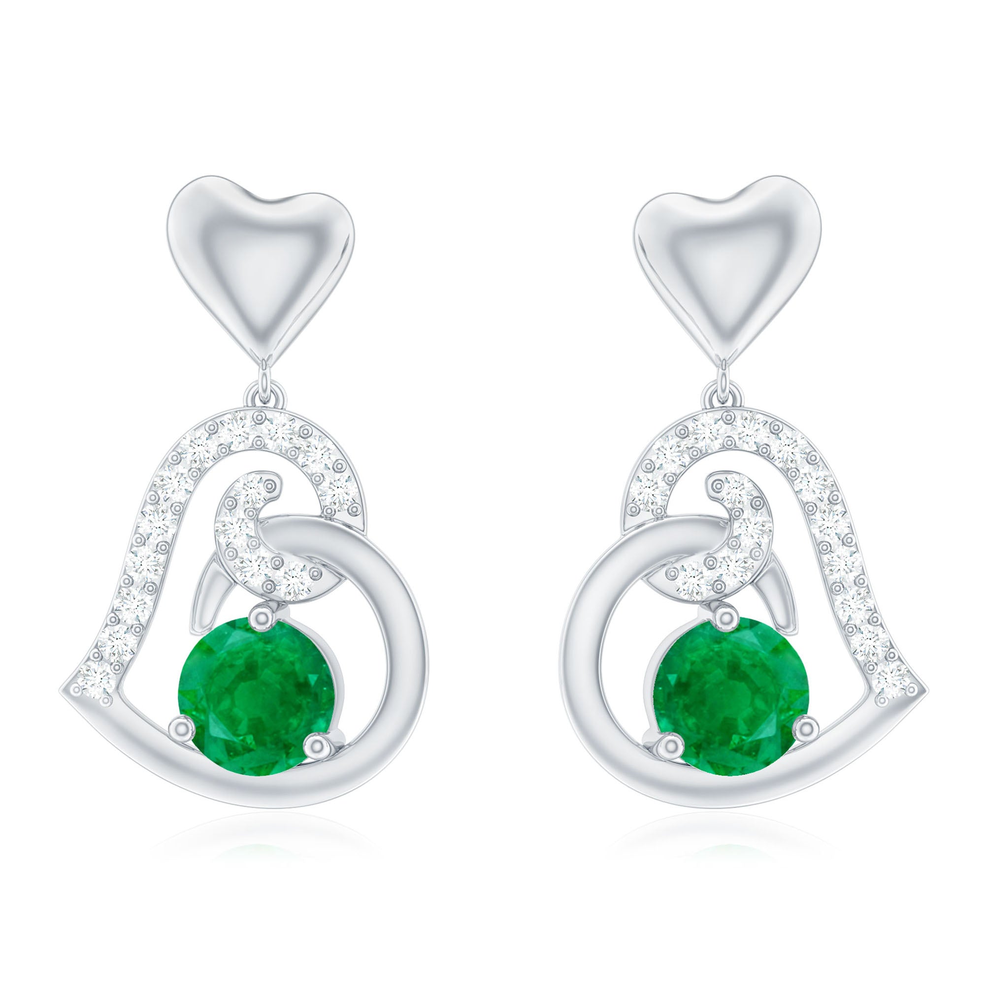 0.9 Carat Round Emerald and Diamond Heart Drop Earrings