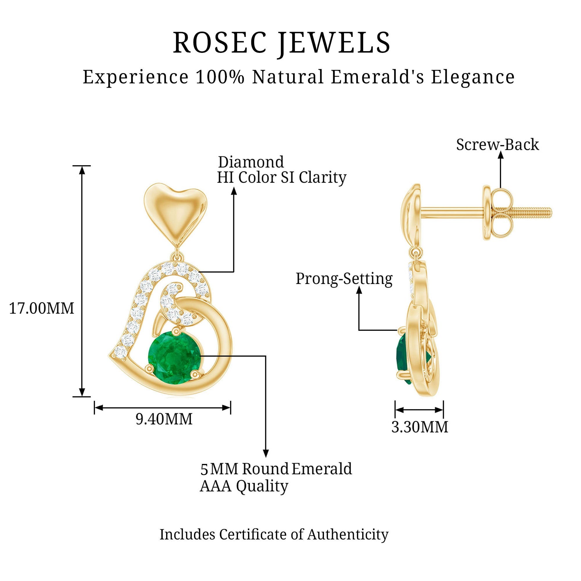 0.9 Carat Round Emerald and Diamond Heart Drop Earrings