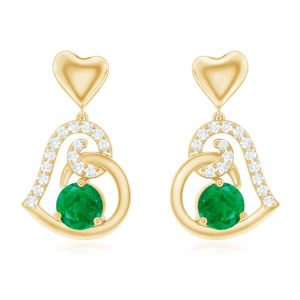 0.9 Carat Round Emerald and Diamond Heart Drop Earrings