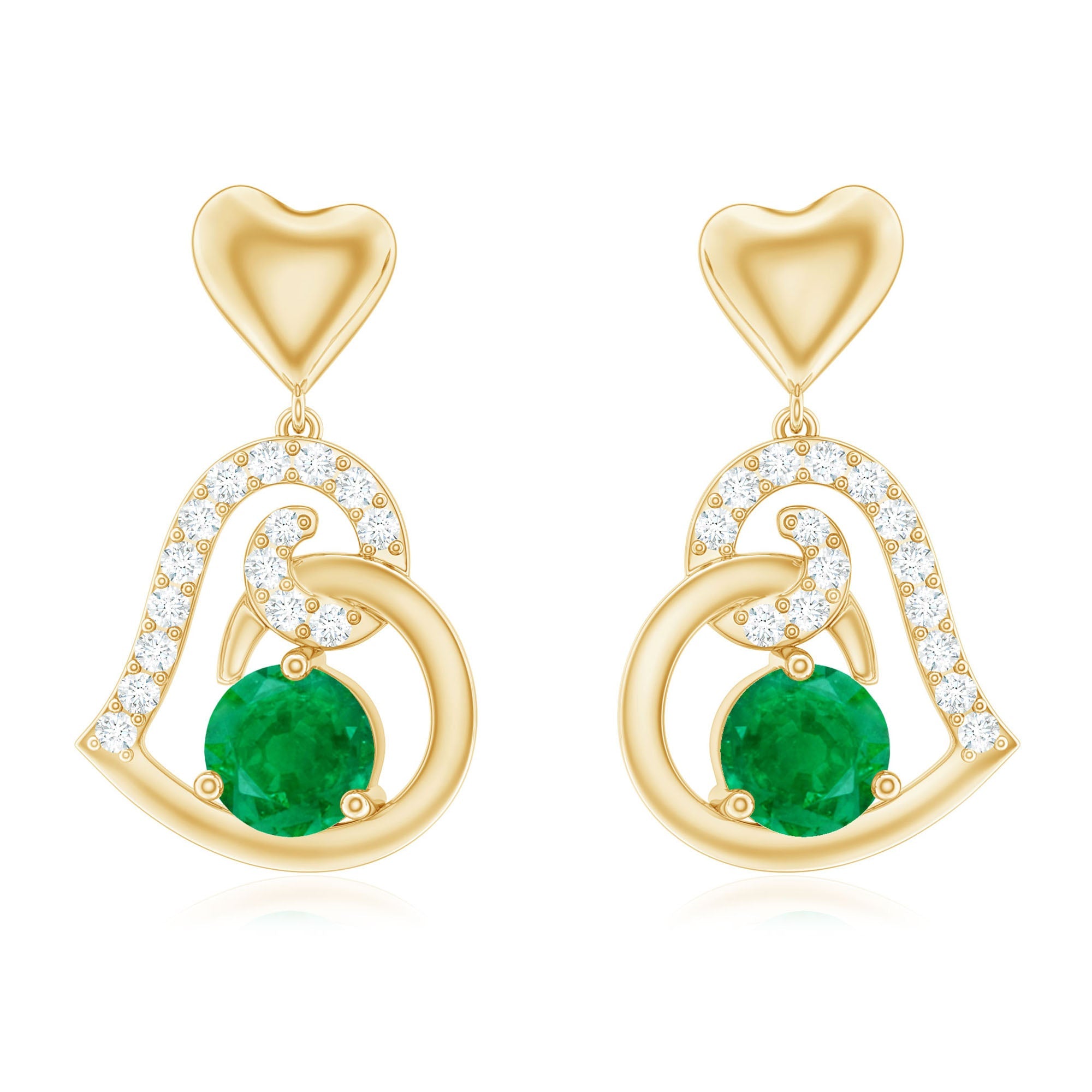 0.9 Carat Round Emerald and Diamond Heart Drop Earrings