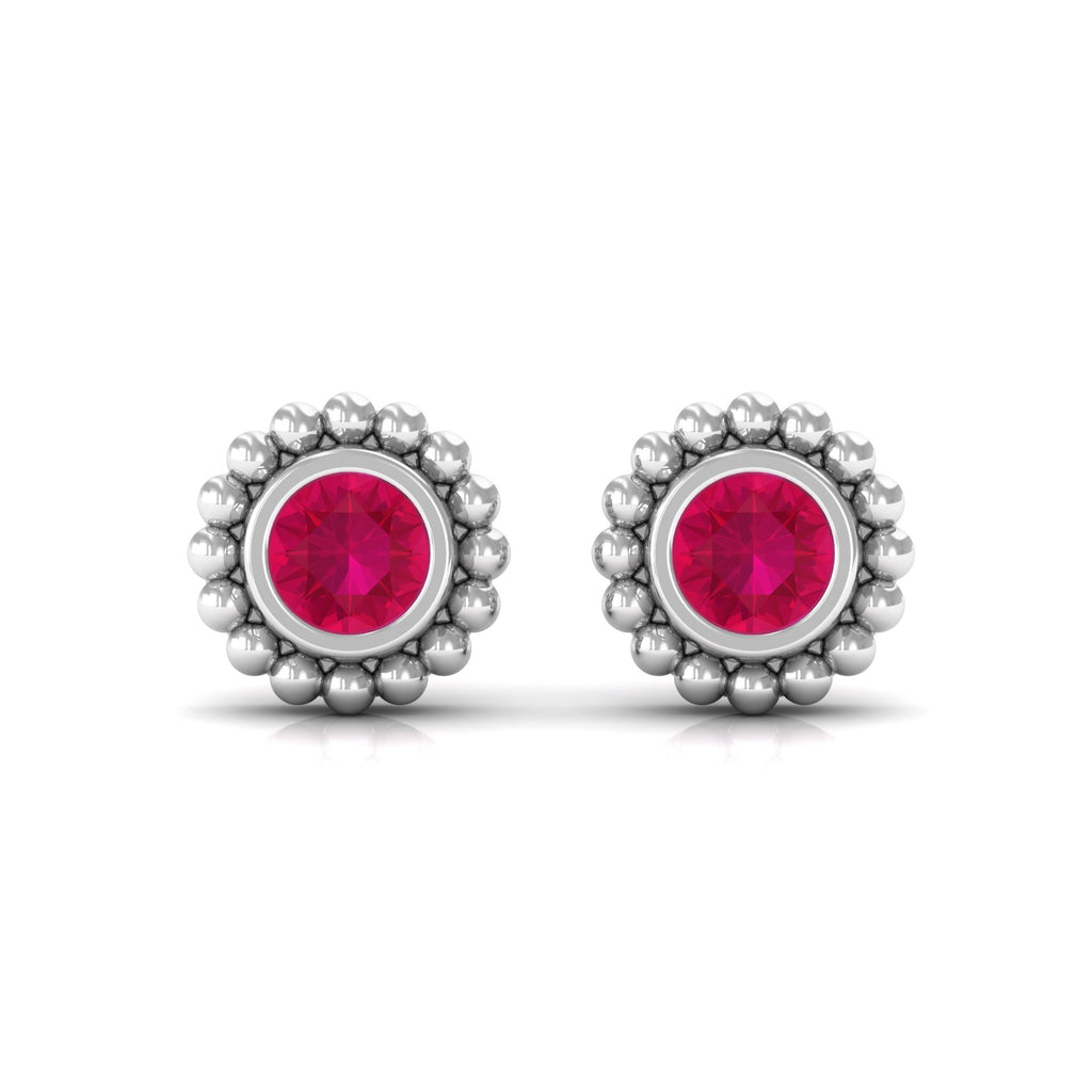 1/4 CT Ruby Solitaire Stud Earring in Beaded Bezel Setting for Women