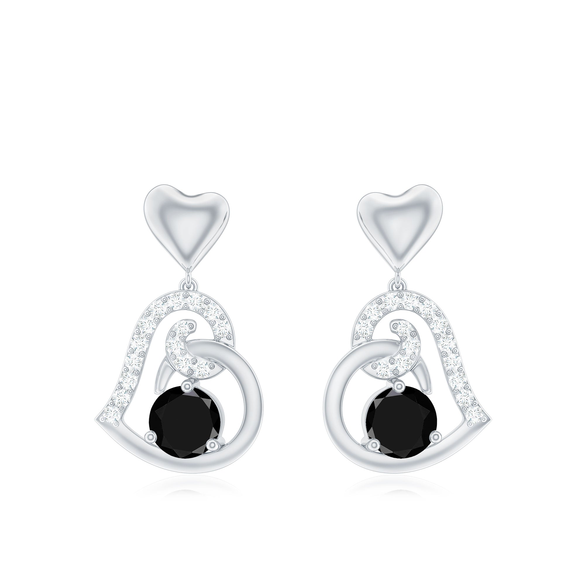 Genuine Black Onyx Heart Drop Earrings with Diamond