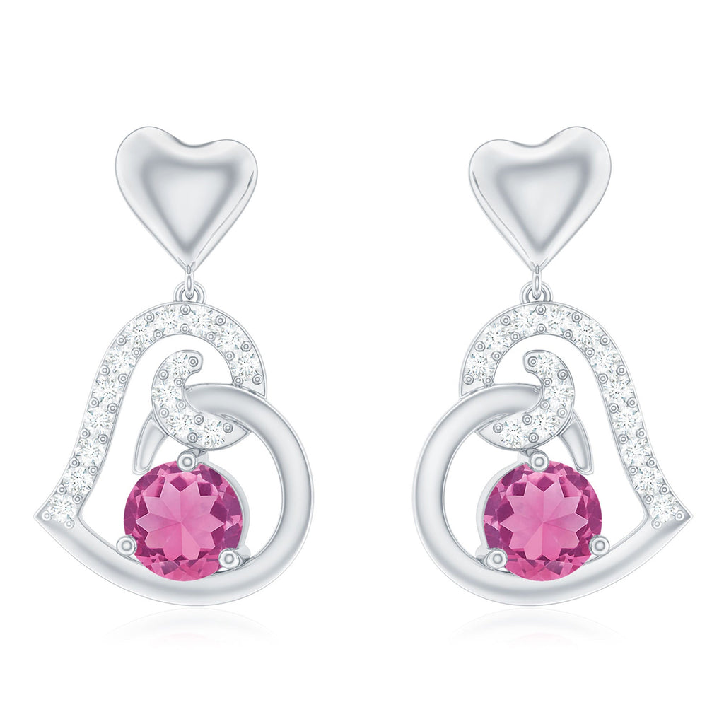 Real Pink Tourmaline and Diamond Heart Drop Earrings