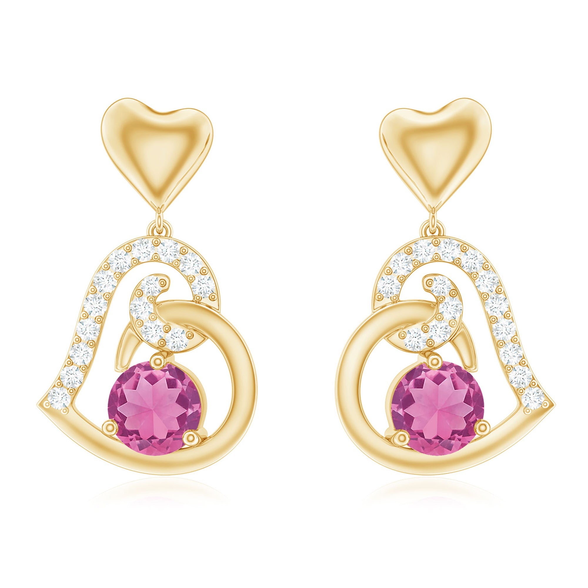 Real Pink Tourmaline and Diamond Heart Drop Earrings